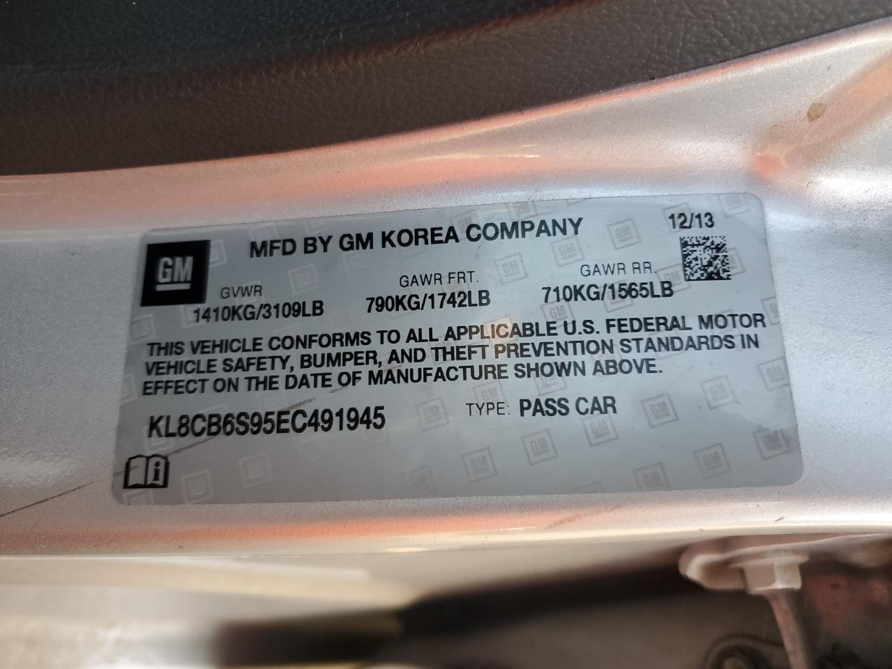 2014 Chevrolet Spark VIN KL8CB6S95EC491945 Copart auction photo, side damage thumbnail 12