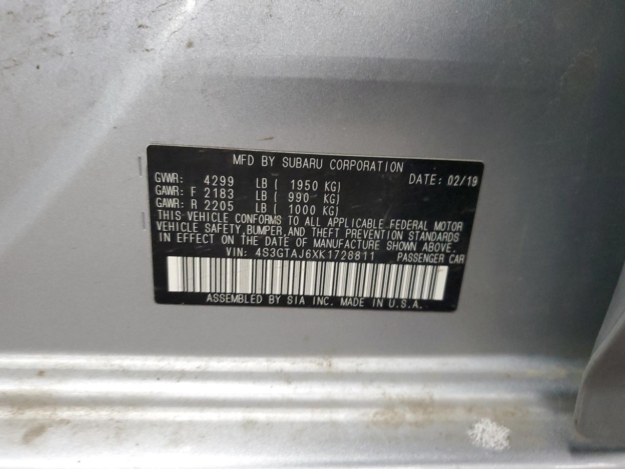 2019 Subaru Impreza VIN 4S3GTAJ6XK1728811 Copart auction photo, front end damage thumbnail 15