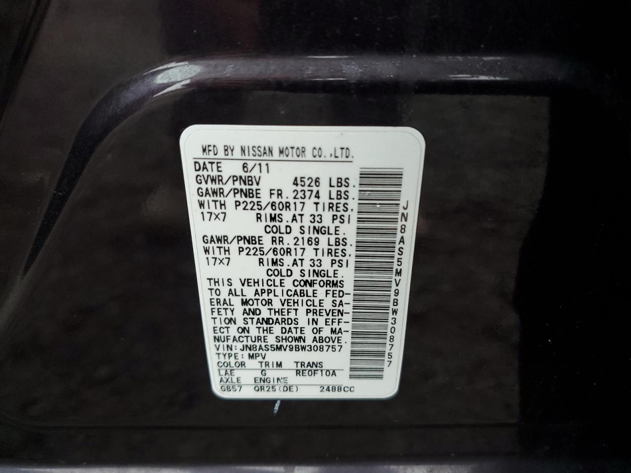 2011 Nissan Rogue VIN JN8AS5MV9BW308757 Copart auction photo, rear end / minor dent/scratches damage thumbnail 13