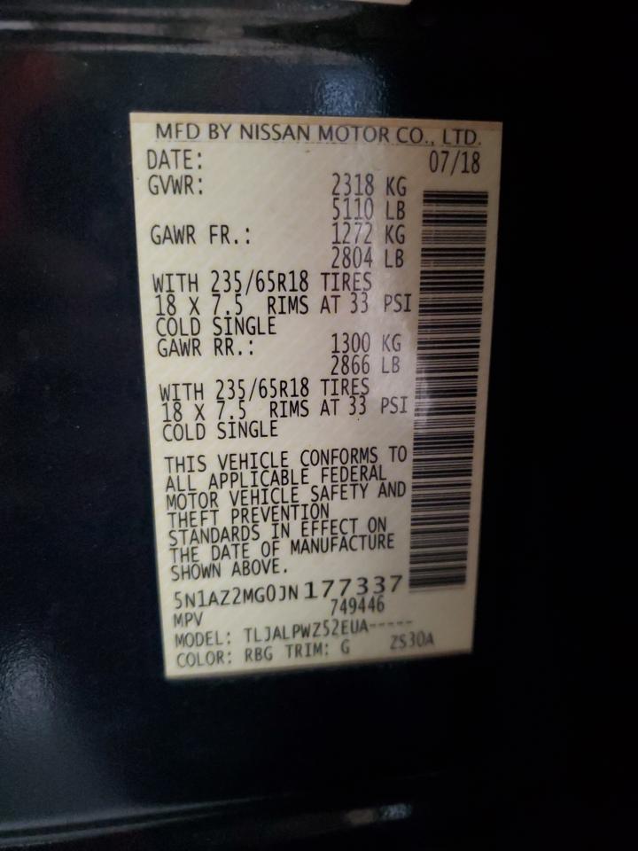 2018 Nissan Murano VIN 5N1AZ2MG0JN177337 Copart auction photo, front end / side damage thumbnail 13