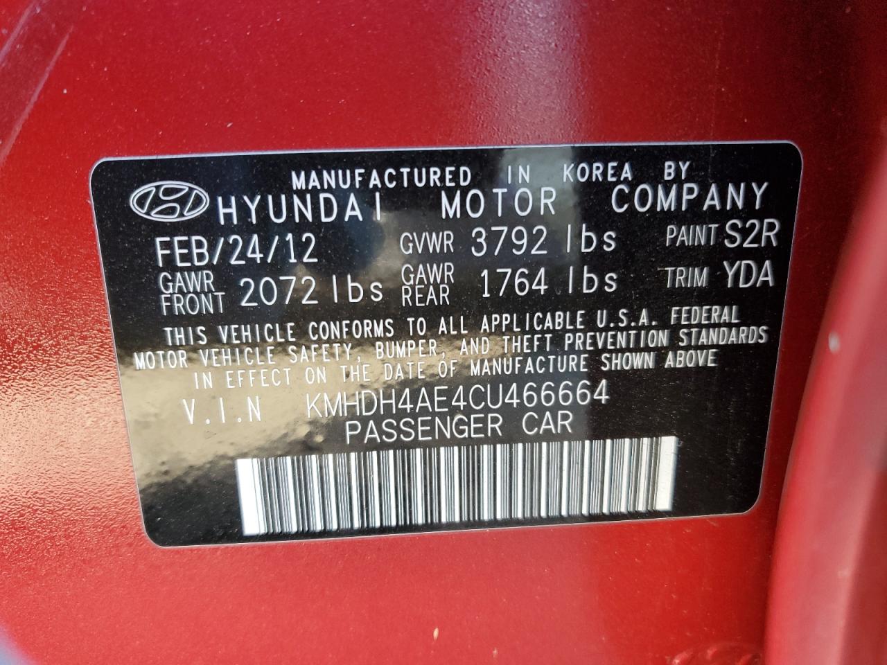 2012 Hyundai Elantra VIN KMHDH4AE4CU466664 Copart auction photo, side damage thumbnail 14