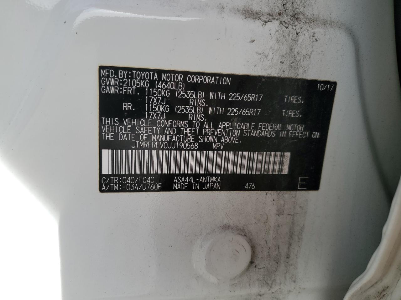 2018 Toyota RAV 4 VIN JTMRFREV0JJ190568 Copart auction photo, front end / undercarriage damage thumbnail 15
