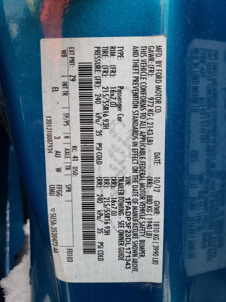 2013 Ford Focus VIN 1FADP3F23DL171343 Copart auction photo, rear end damage thumbnail 12