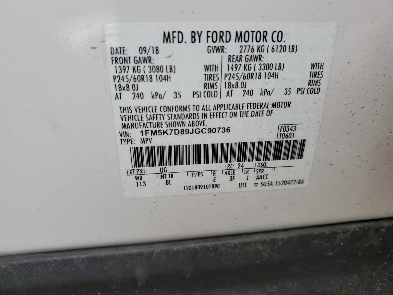 2018 Ford Explorer VIN 1FM5K7D89JGC90736 Copart auction photo, front end / side damage thumbnail 14