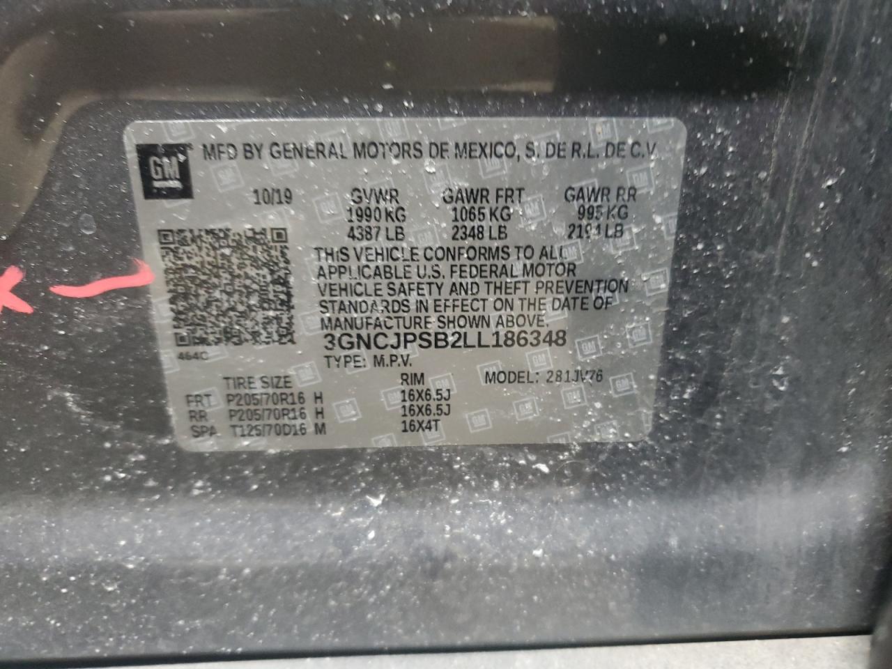 2020 Chevrolet Trax VIN 3GNCJPSB2LL186348 Copart auction photo, side damage thumbnail 13