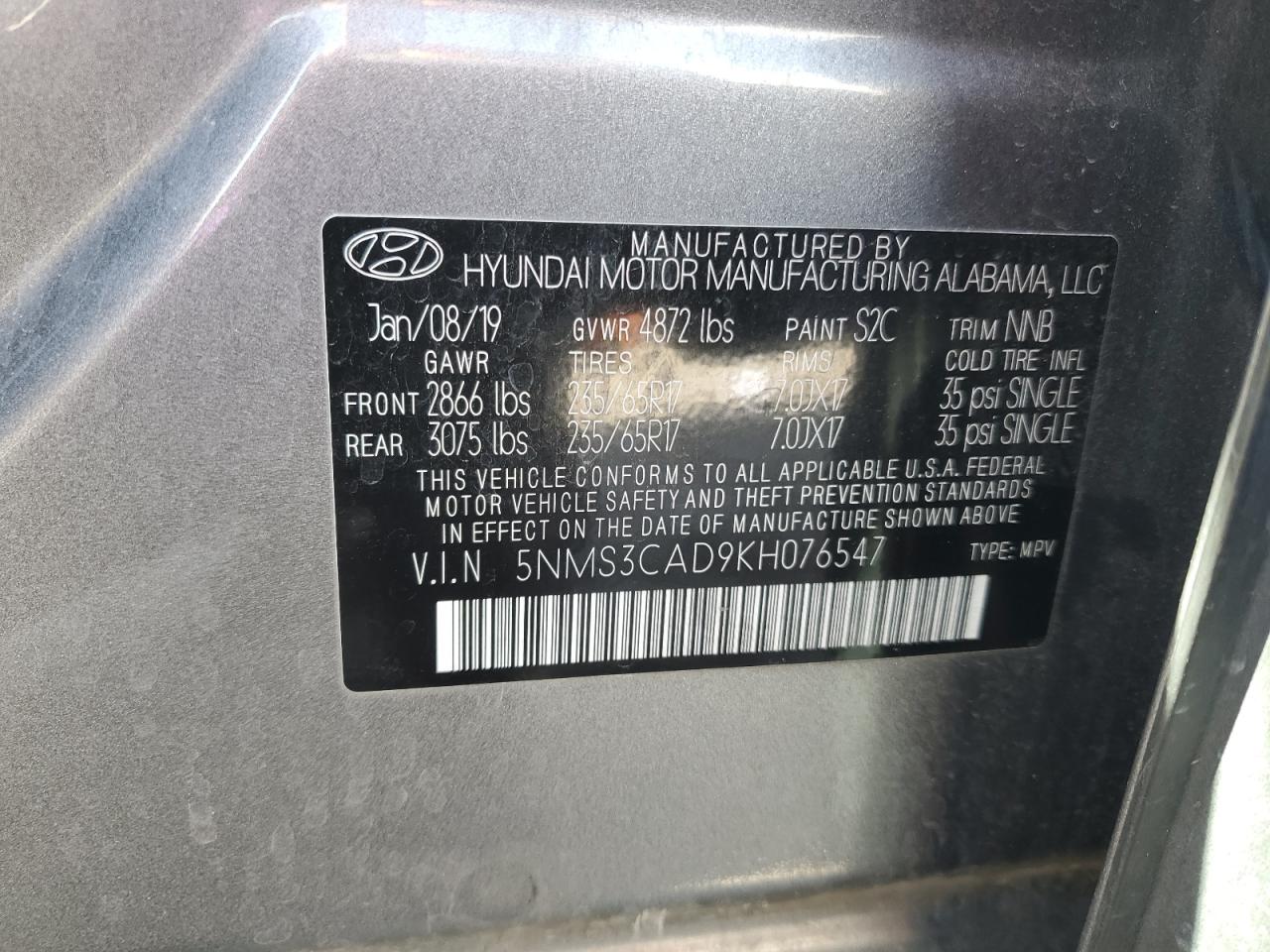 2019 Hyundai Santa Fe VIN 5NMS3CAD9KH076547 Copart auction photo, front end damage thumbnail 15