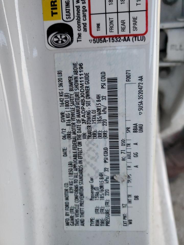 2013 Ford Fiesta VIN 3FADP4BJ0DM111196 Copart auction photo, all over / top/roof damage thumbnail 12