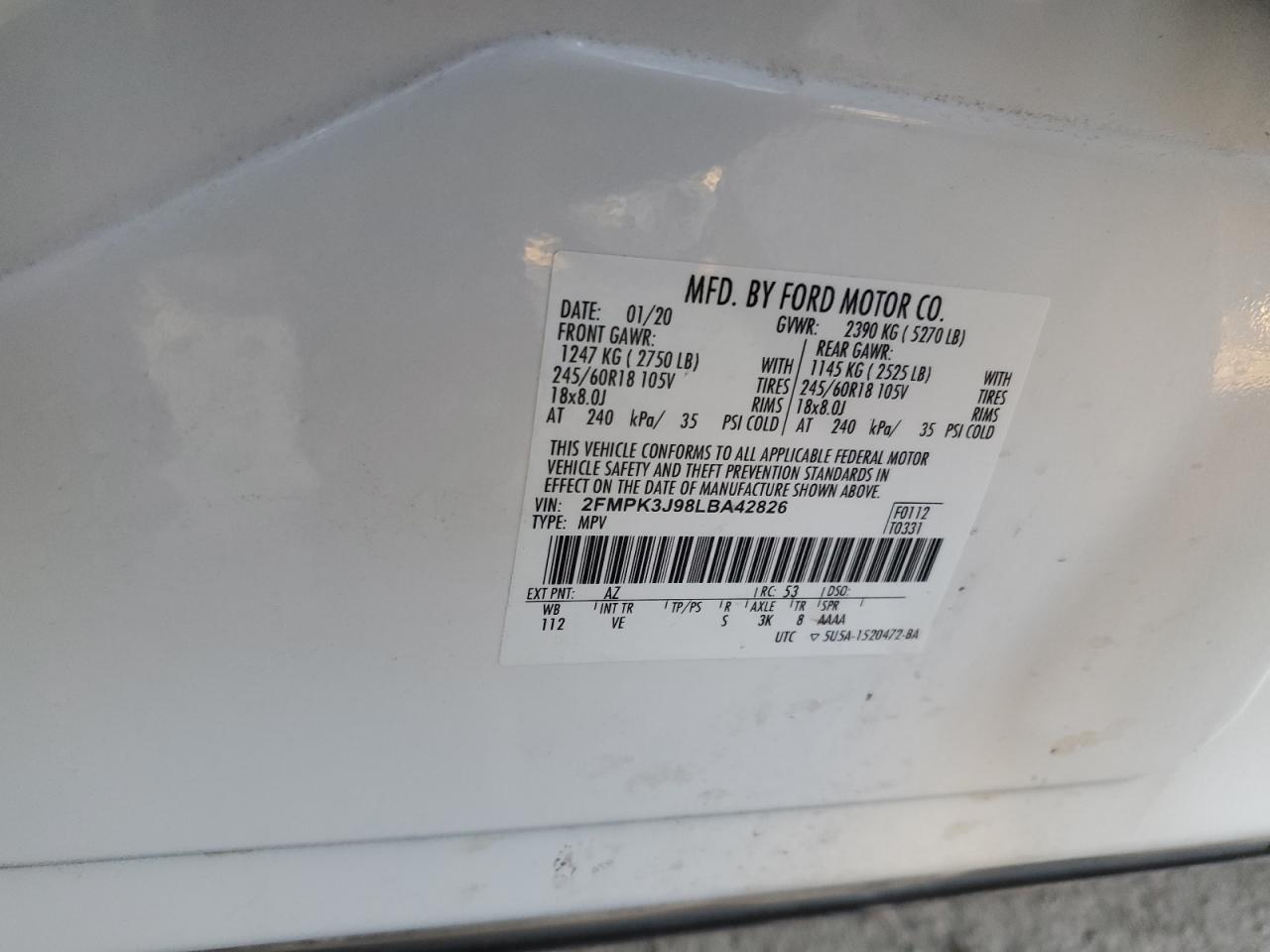 2020 Ford Edge VIN 2FMPK3J98LBA42826 Copart auction photo, front end damage thumbnail 13