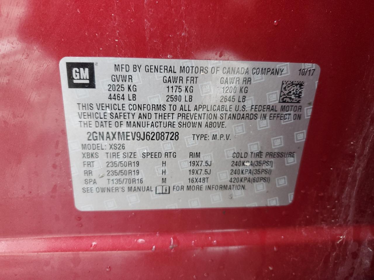 2018 Chevrolet Equinox VIN 2GNAXMEV9J6208728 Copart auction photo, side damage thumbnail 14