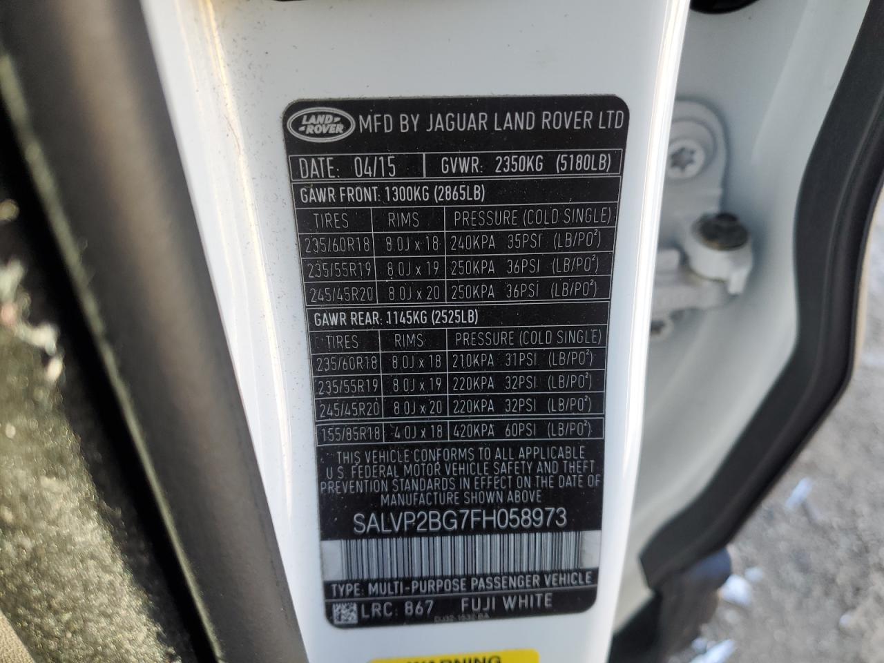 2015 Land Rover Range Rover VIN SALVP2BG7FH058973 Copart auction photo, front end damage thumbnail 16