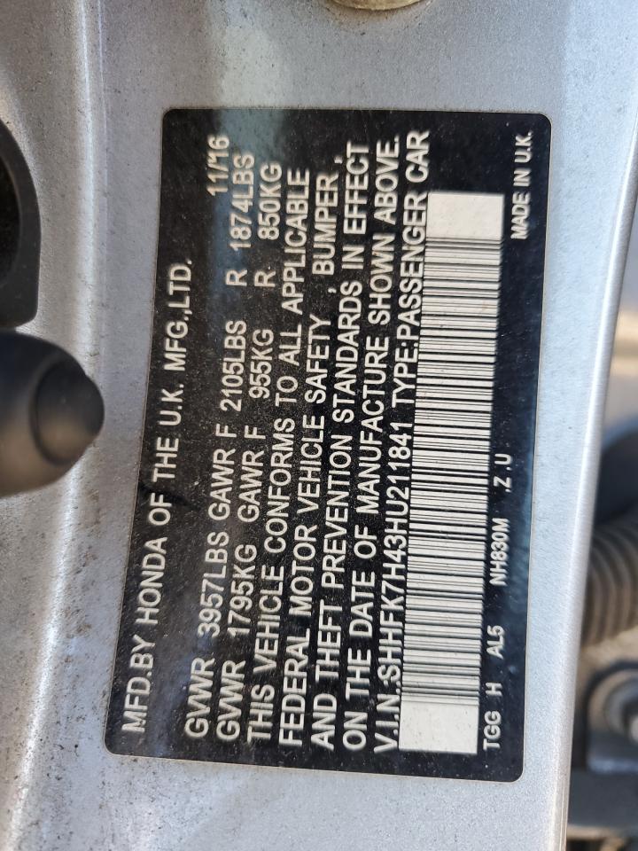 2017 Honda Civic VIN SHHFK7H43HU211841 Copart auction photo, mechanical / rear end damage thumbnail 12