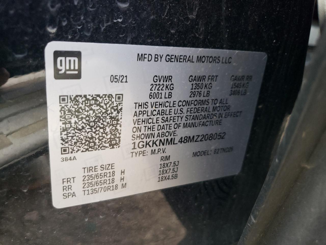 2021 GMC Acadia VIN 1GKKNML48MZ208052 Copart auction photo, front end / minor dent/scratches damage thumbnail 15