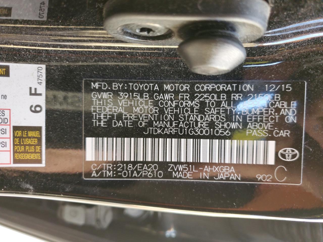 2016 Toyota Prius VIN JTDKARFU1G3001056 Copart auction photo, front end damage thumbnail 15