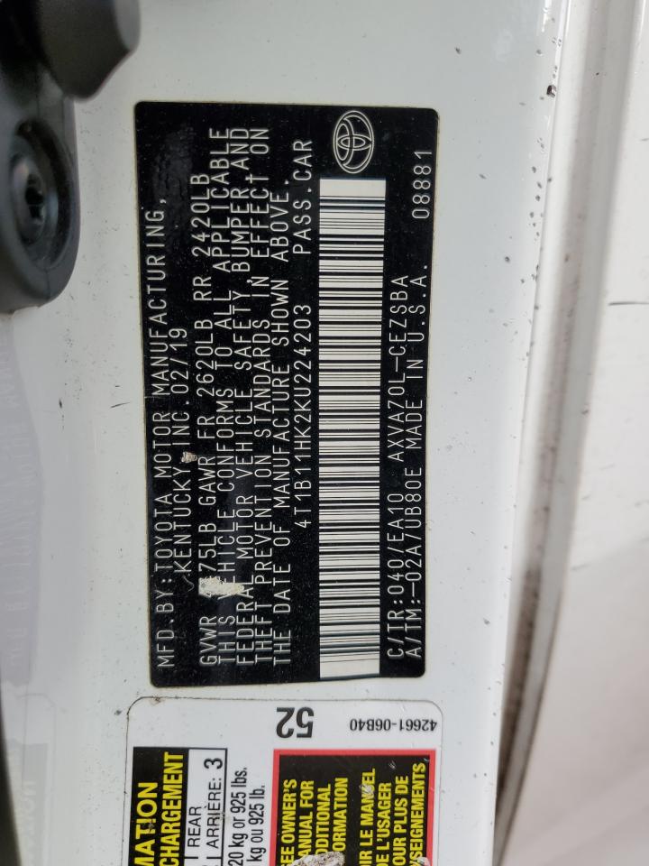 2019 Toyota Camry VIN 4T1B11HK2KU224203 Copart auction photo, front end damage thumbnail 15