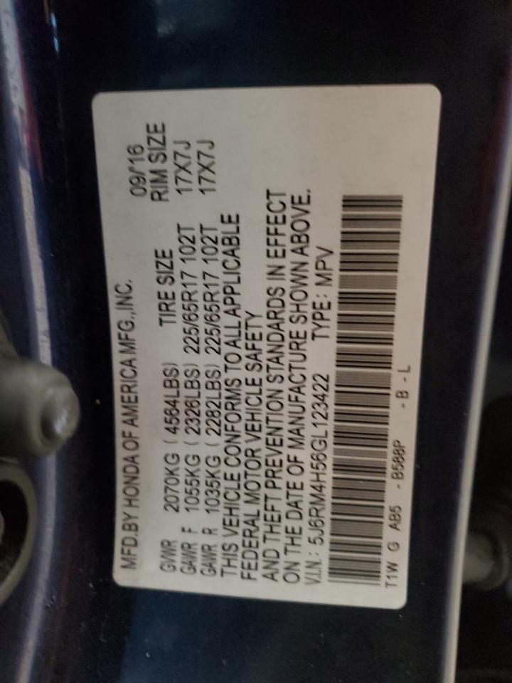 2016 Honda CR-V VIN 5J6RM4H56GL123422 Copart auction photo, front end damage thumbnail 13