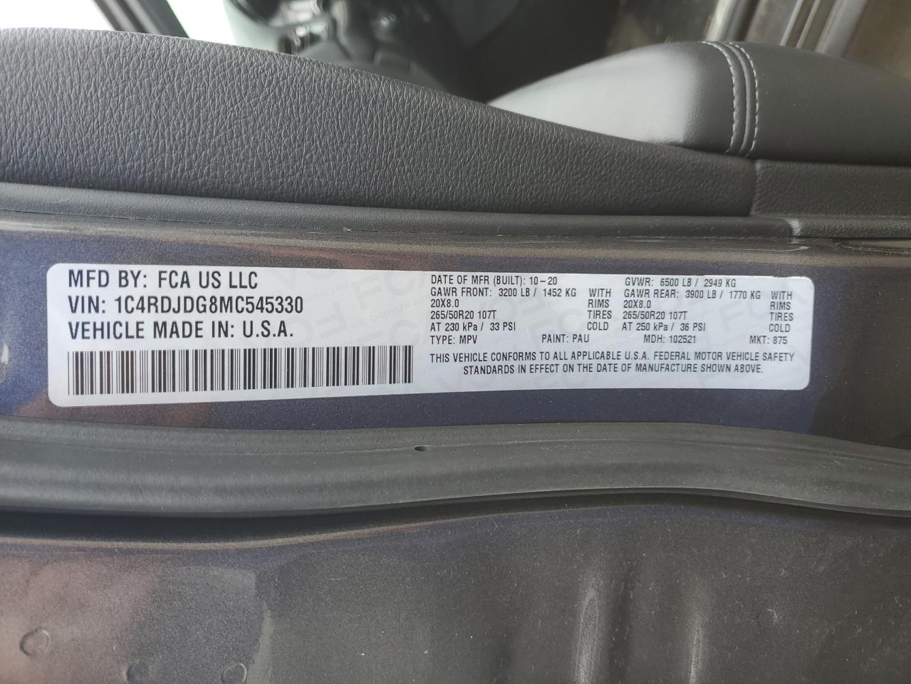 2021 Dodge Durango VIN 1C4RDJDG8MC545330 Copart auction photo, top/roof / minor dent/scratches damage thumbnail 13