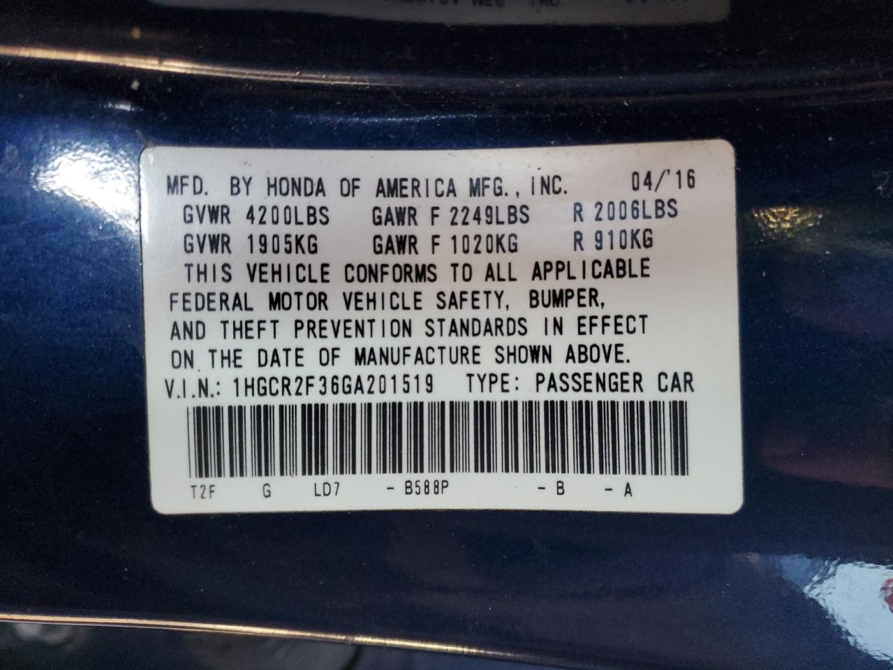 2016 Honda Accord VIN 1HGCR2F36GA201519 Copart auction photo, front end damage thumbnail 13