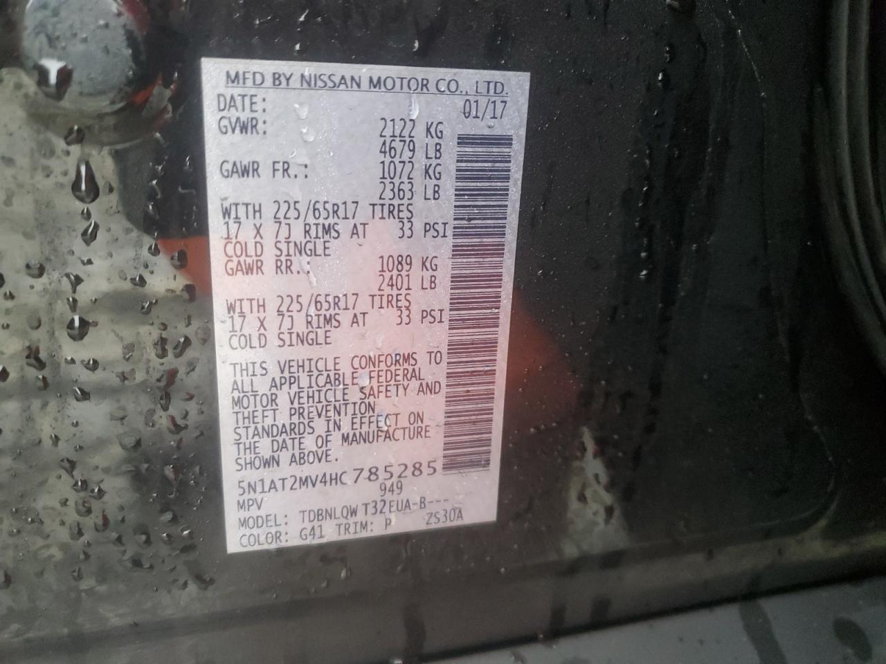 2017 Nissan Rogue VIN 5N1AT2MV4HC785285 Copart auction photo, front end / mechanical damage thumbnail 14