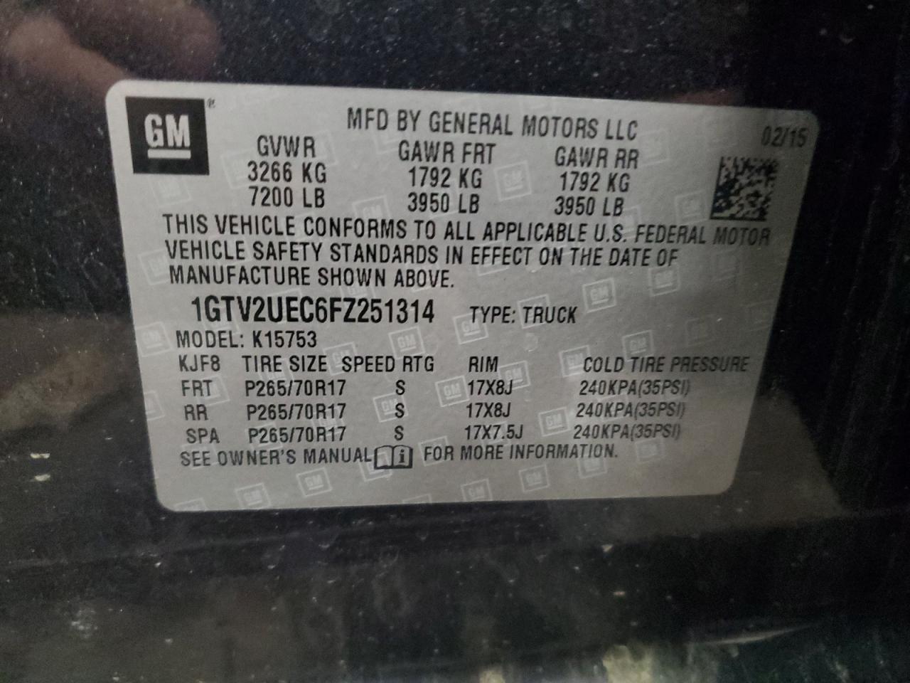 2015 GMC Sierra VIN 1GTV2UEC6FZ251314 Copart auction photo, front end damage thumbnail 14