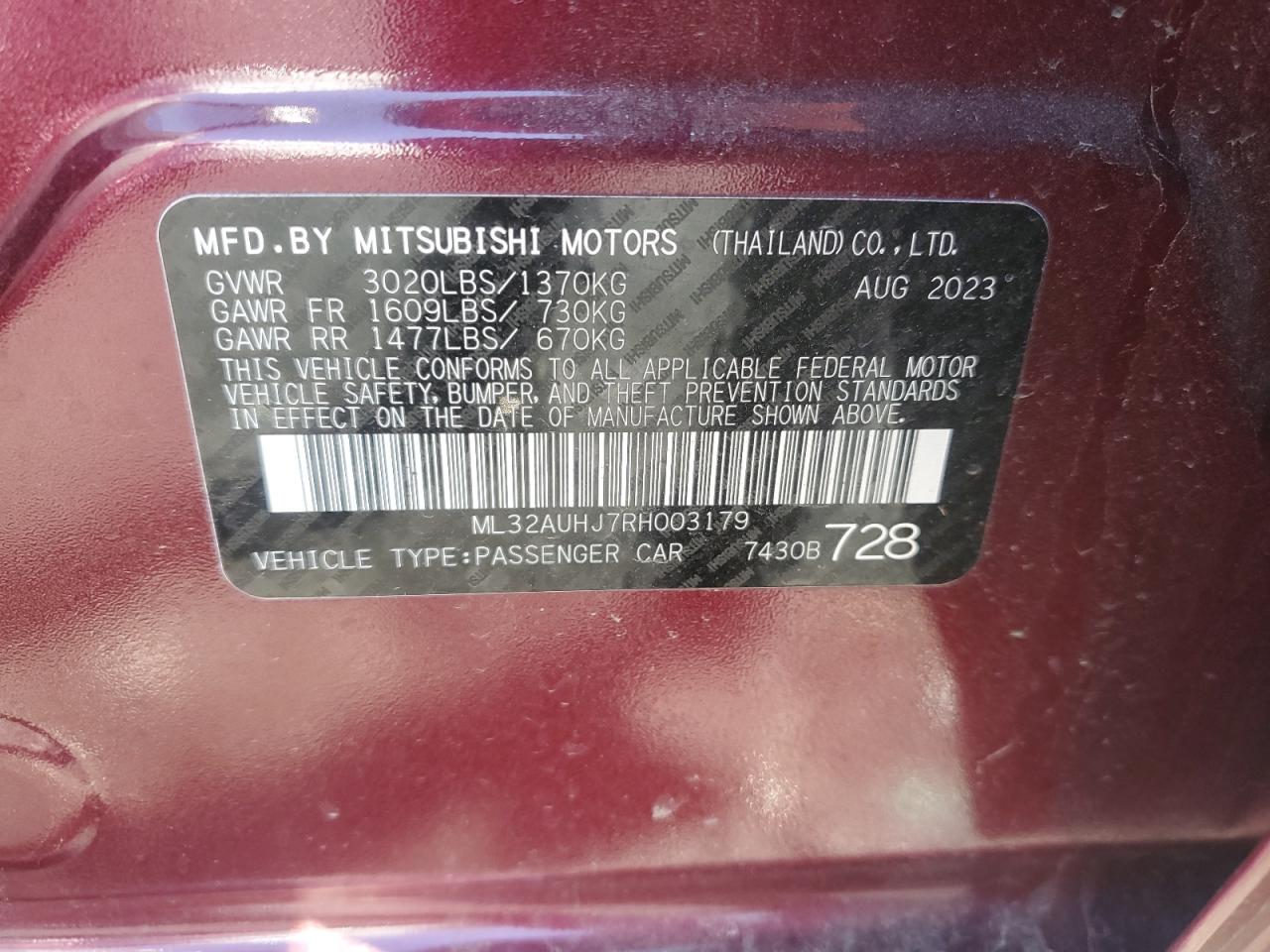 2024 Mitsubishi Mirage VIN ML32AUHJ7RH003179 Copart auction photo, rear end / stripped damage thumbnail 12