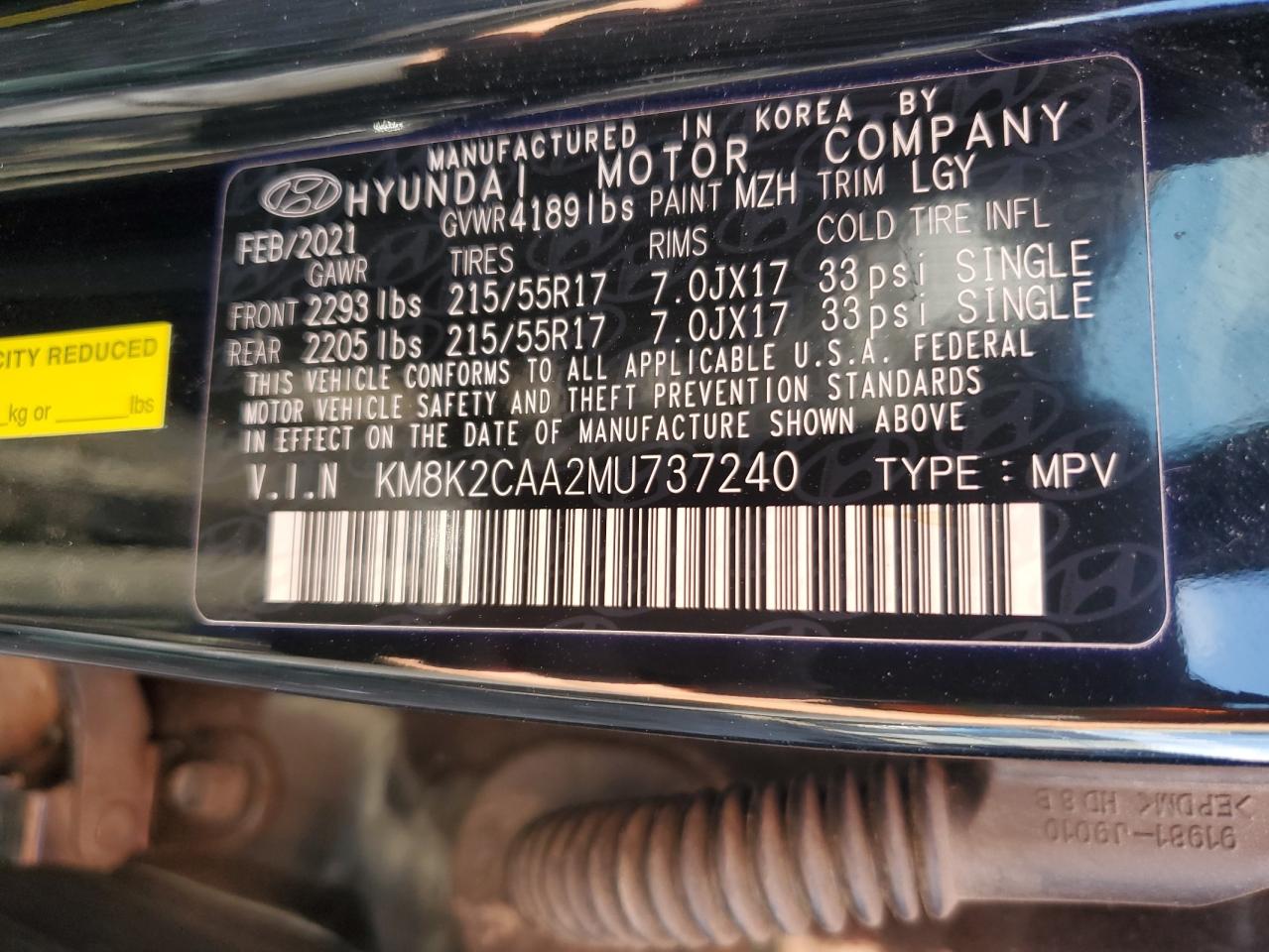 2021 Hyundai Kona VIN KM8K2CAA2MU737240 Copart auction photo, rear end damage thumbnail 16