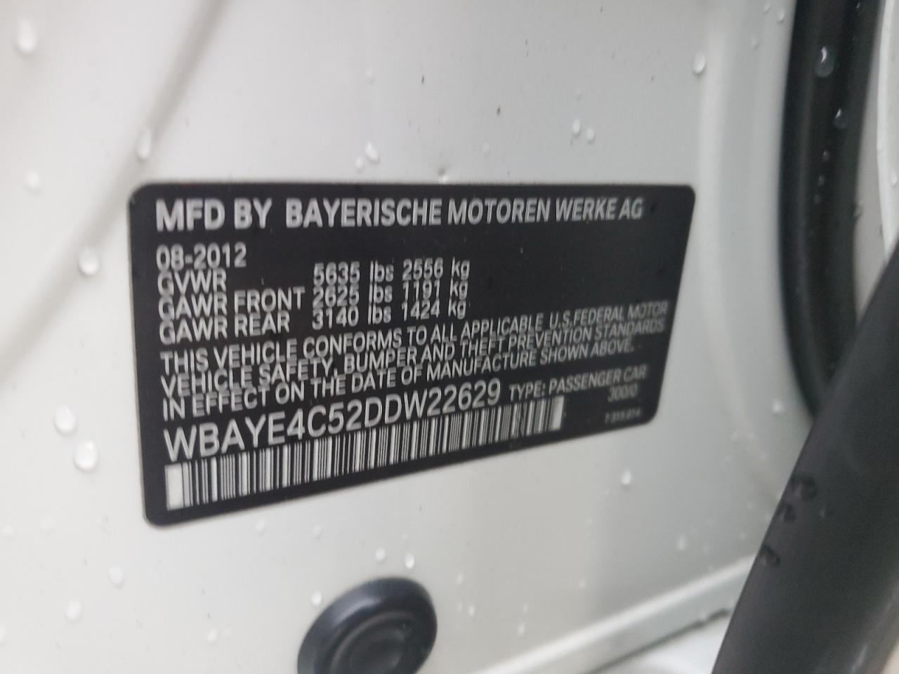 2013 BMW 7er VIN WBAYE4C52DDW22629 Copart auction photo, front end damage thumbnail 12