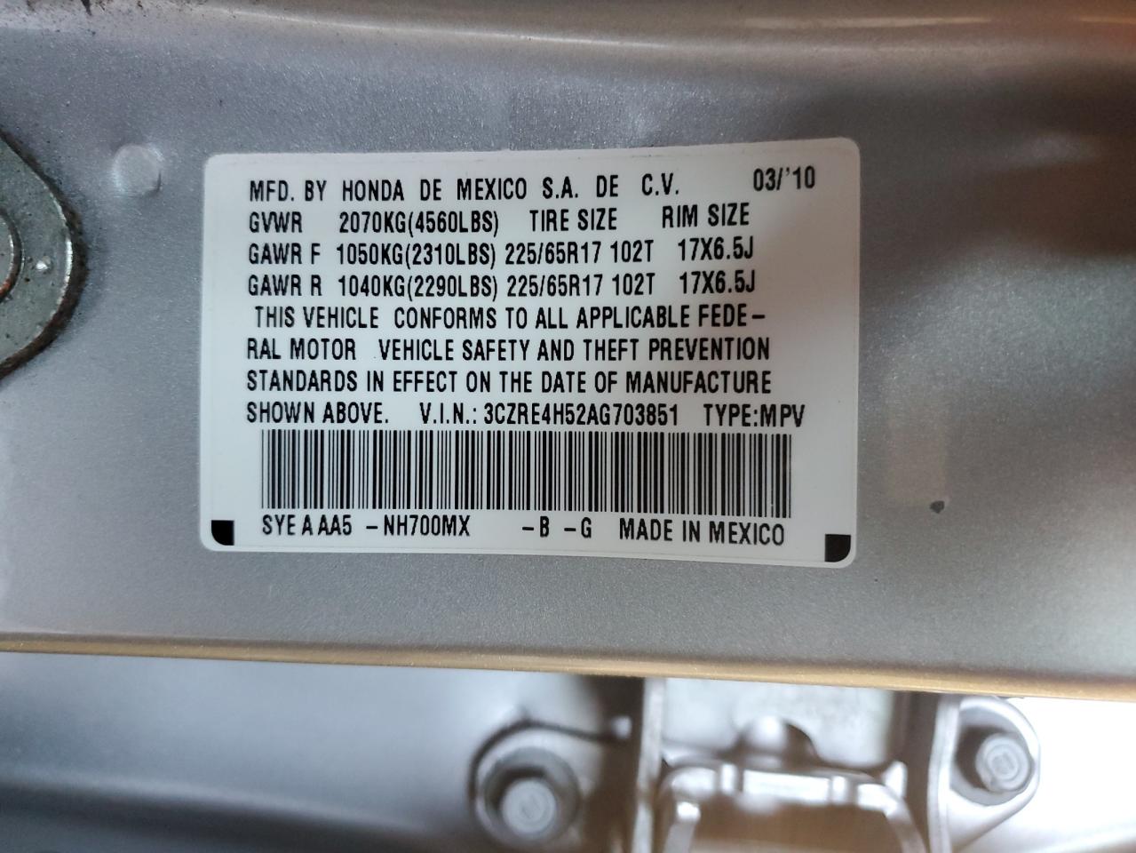 2010 Honda CR-V VIN 3CZRE4H52AG703851 Copart auction photo, side damage thumbnail 13