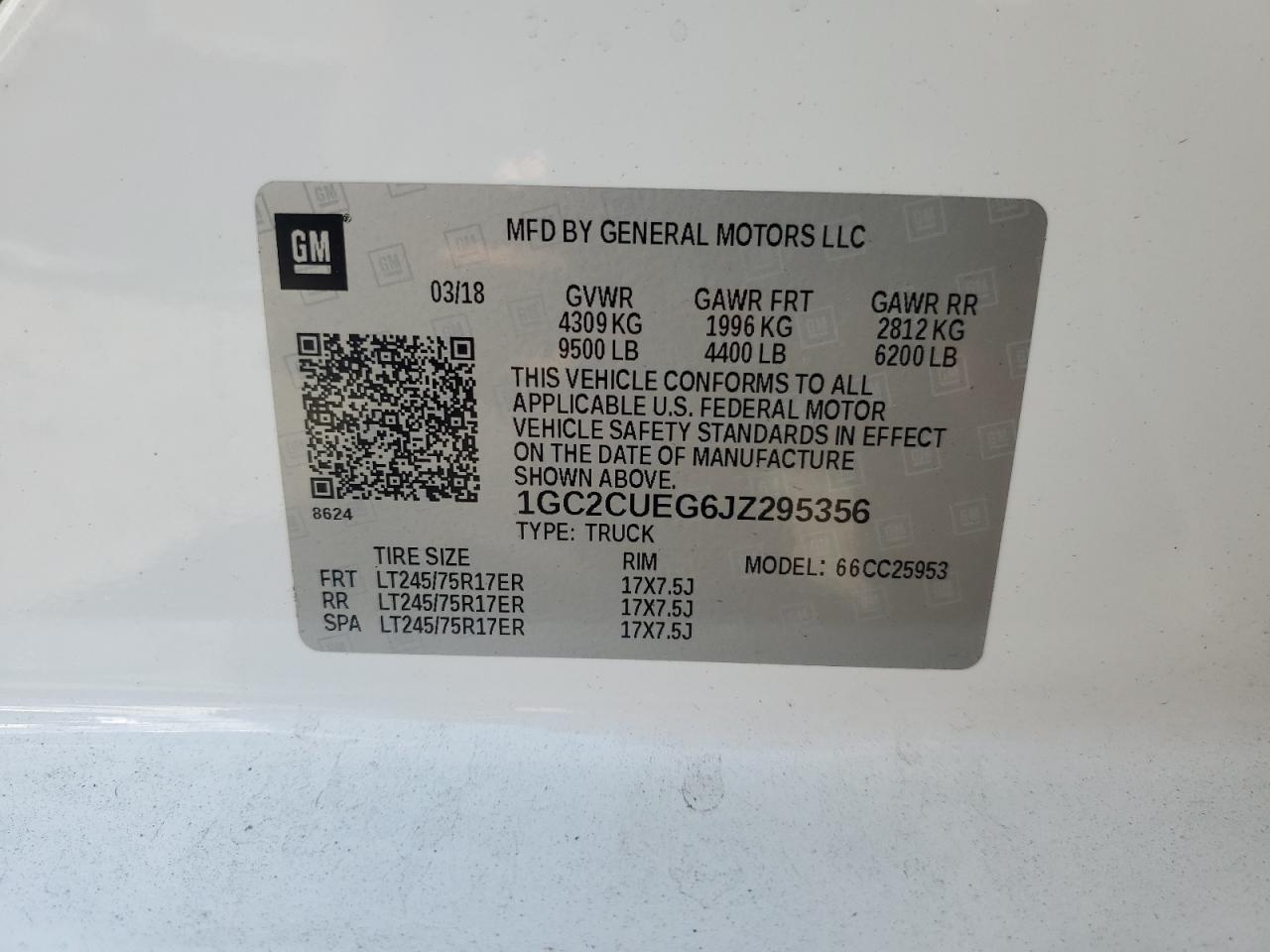2018 Chevrolet Silverado VIN 1GC2CUEG6JZ295356 Copart auction photo, rear end / side damage thumbnail 14