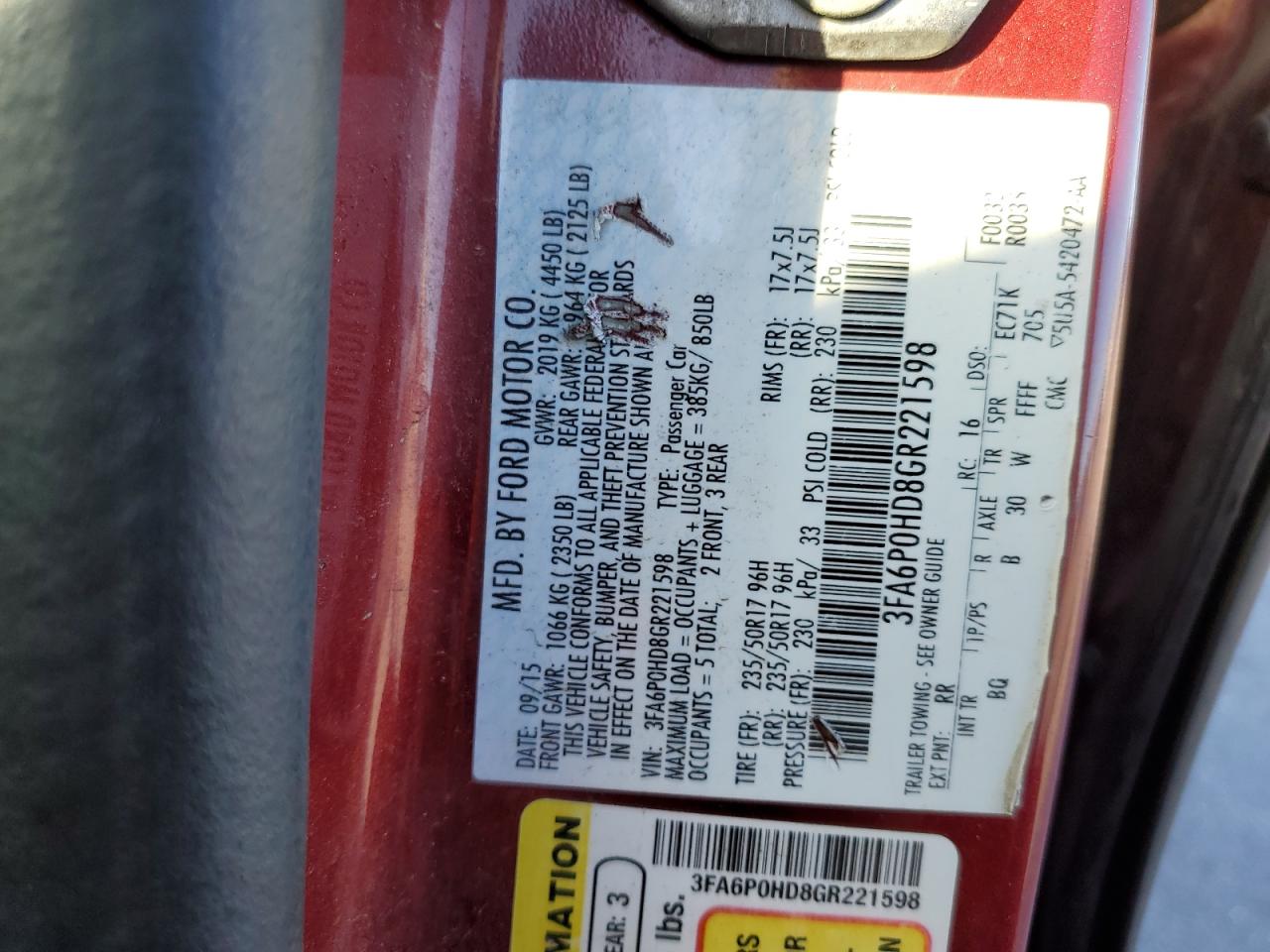 2016 Ford Fusion VIN 3FA6P0HD8GR221598 Copart auction photo, front end / rear end damage thumbnail 13
