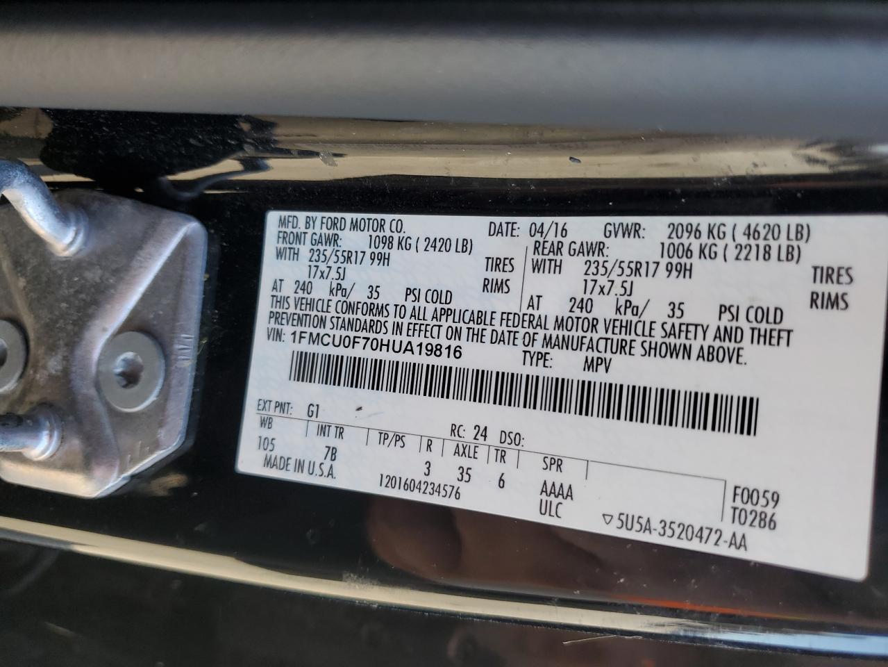 2017 Ford Escape VIN 1FMCU0F70HUA19816 Copart auction photo, front end / water/flood damage thumbnail 13