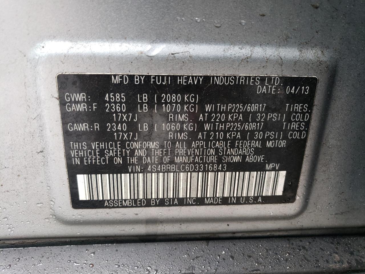 2013 Subaru Outback VIN 4S4BRBLC6D3316843 Copart auction photo, front end / side damage thumbnail 13