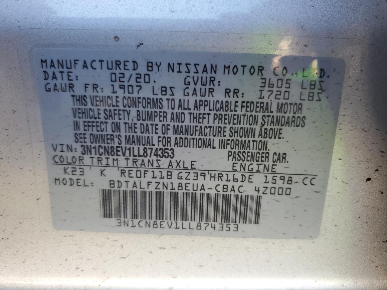 2020 Nissan Versa VIN 3N1CN8EV1LL874353 Copart auction photo, side / minor dent/scratches damage thumbnail 12