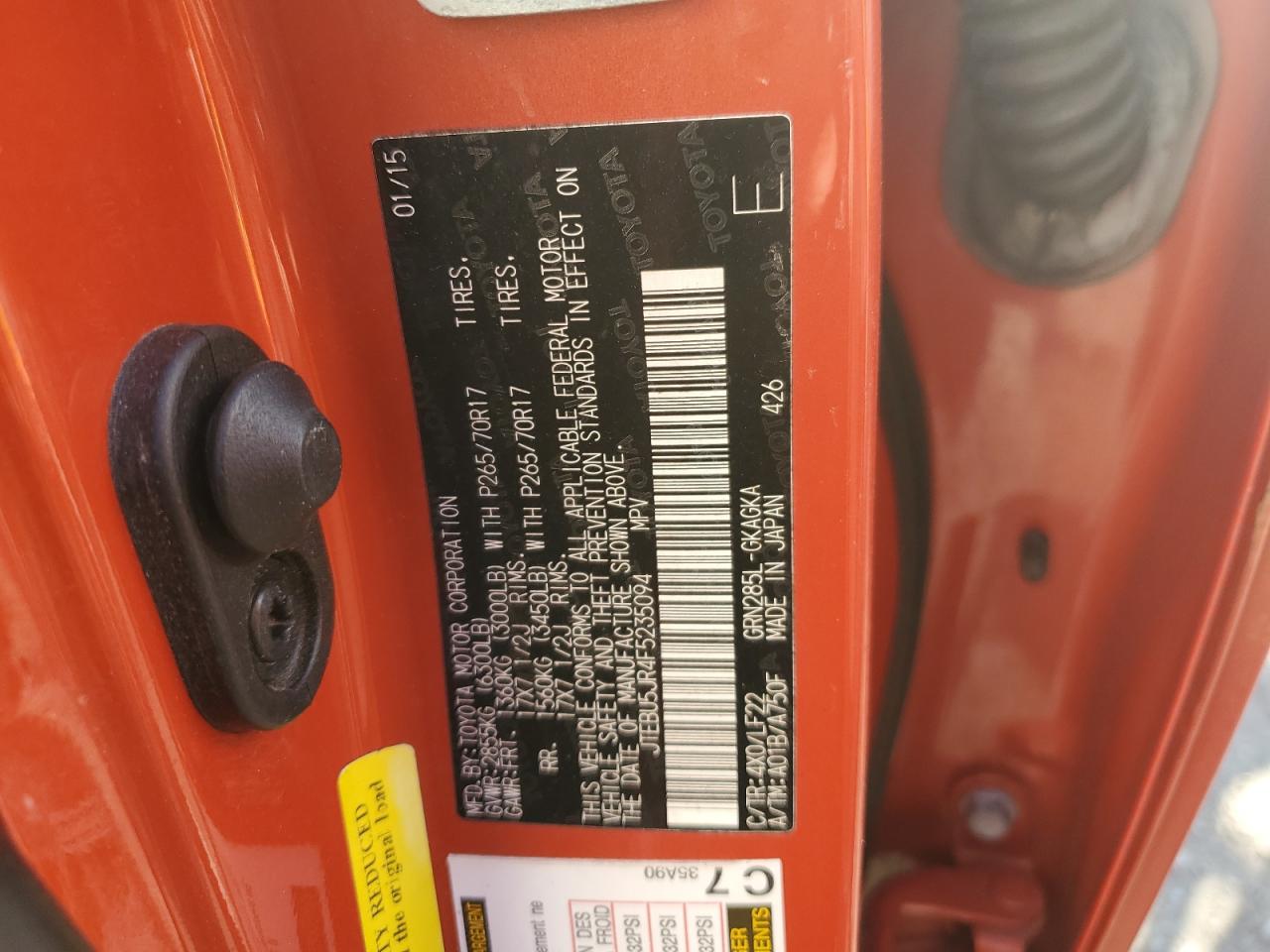 2015 Toyota 4Runner VIN JTEBU5JR4F5235094 Copart auction photo, biohazard/chemical / all over damage thumbnail 13
