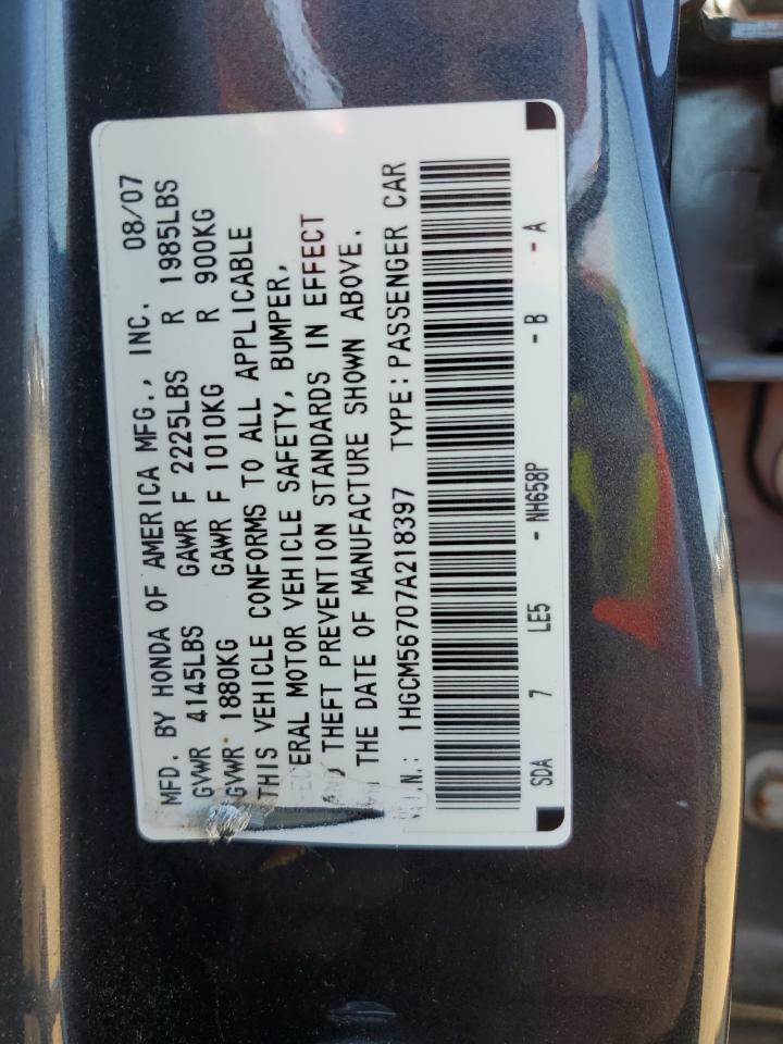 2007 Honda Accord VIN 1HGCM56707A218397 Copart auction photo, front end damage thumbnail 14