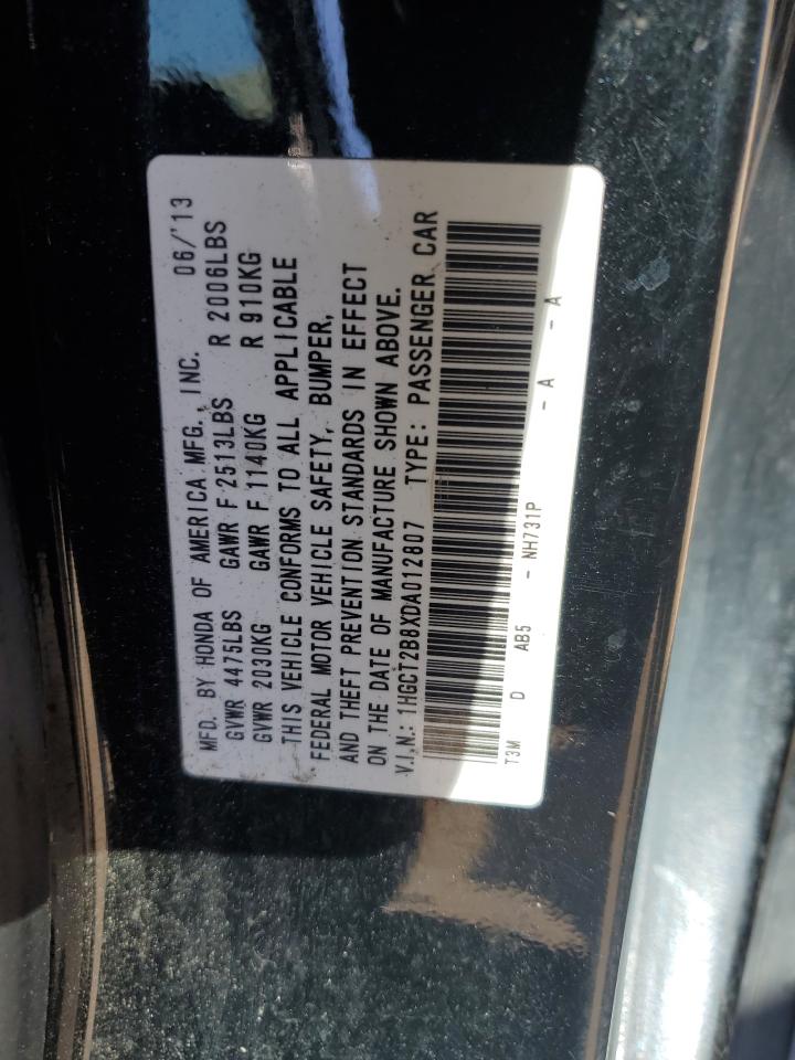 2013 Honda Accord VIN 1HGCT2B8XDA012807 Copart auction photo, front end / minor dent/scratches damage thumbnail 12