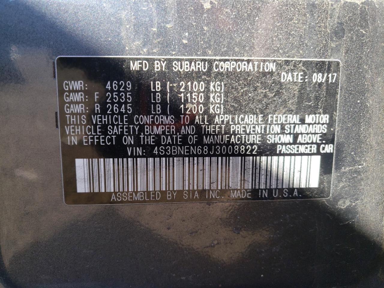 2018 Subaru Legacy VIN 4S3BNEN68J3008822 Copart auction photo, front end / minor dent/scratches damage thumbnail 15
