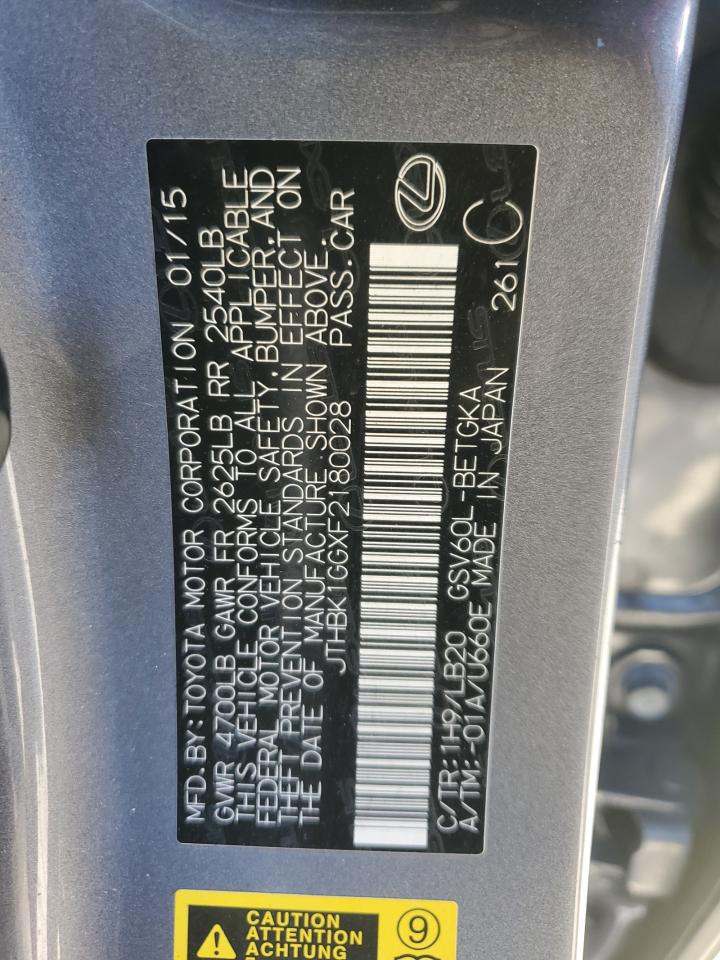 2015 Lexus ES VIN JTHBK1GGXF2180028 Copart auction photo, vandalism / water/flood damage thumbnail 12