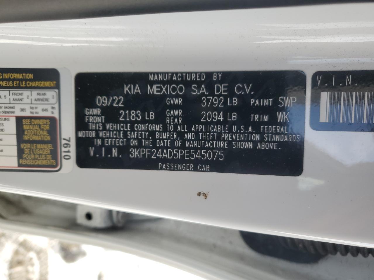 2023 KIA Forte VIN 3KPF24AD5PE545075 Copart auction photo, side / minor dent/scratches damage thumbnail 12