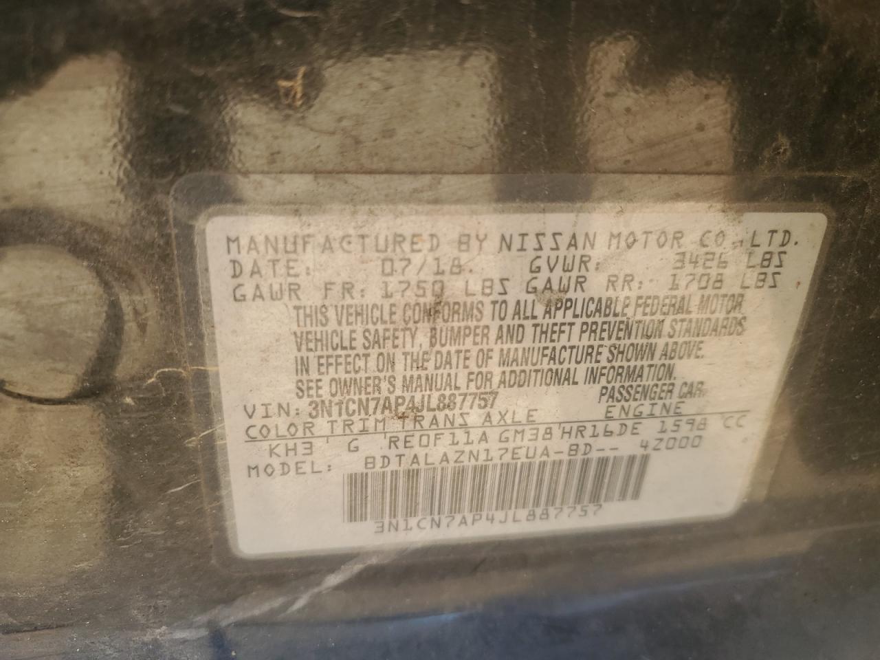 2018 Nissan Versa VIN 3N1CN7AP4JL887757 Copart auction photo, front end damage thumbnail 12