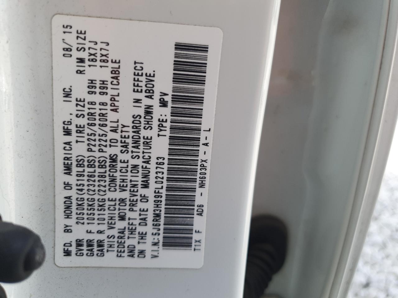 2015 Honda CR-V VIN 5J6RM3H99FL023763 Copart auction photo, front end damage thumbnail 15