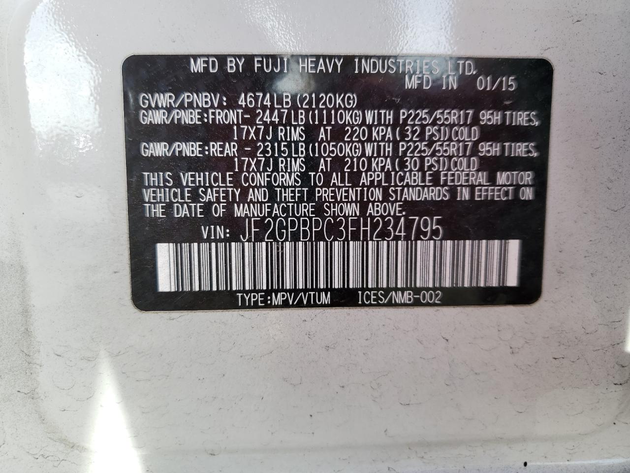 2015 Subaru XV VIN JF2GPBPC3FH234795 Copart auction photo, front end damage thumbnail 14