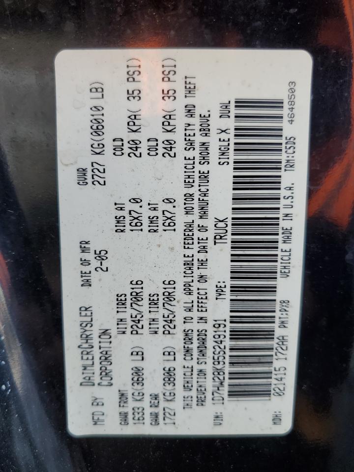 2005 Dodge Dakota VIN 1D7HW28K95S249191 Copart auction photo, side / front end damage thumbnail 12