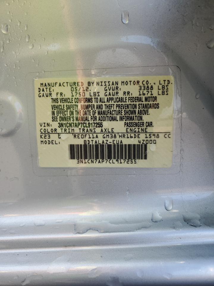 2012 Nissan Versa VIN 3N1CN7AP7CL917255 Copart auction photo, rear end damage thumbnail 12