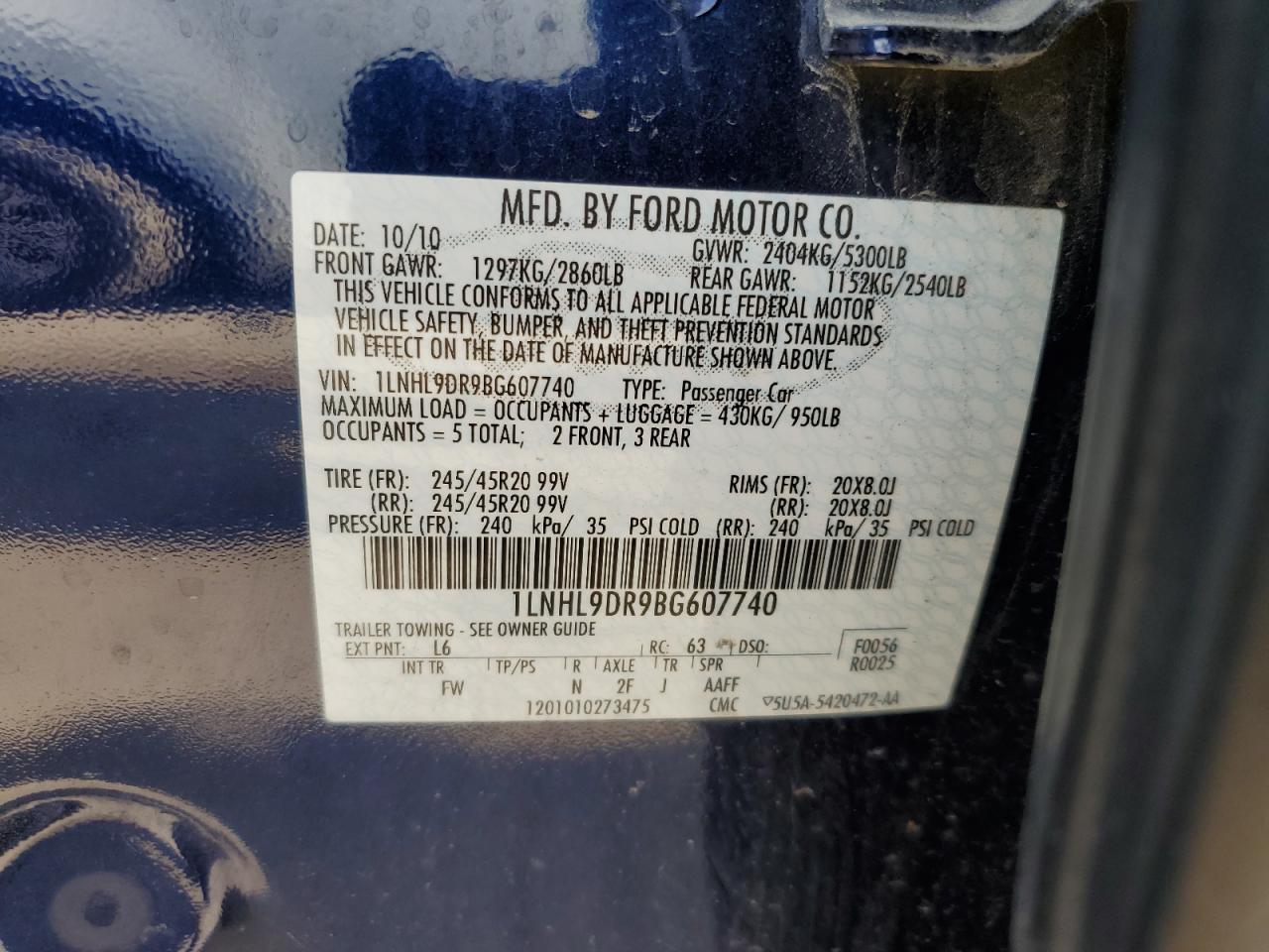 2011 Lincoln MKS VIN 1LNHL9DR9BG607740 Copart auction photo, front end damage thumbnail 14