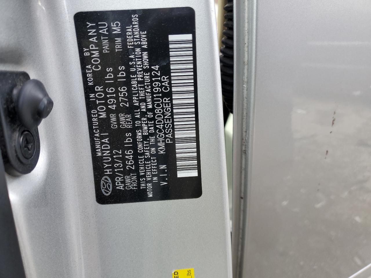 2012 Hyundai Genesis VIN KMHGC4DD8CU199124 Copart auction photo, rear end damage thumbnail 12