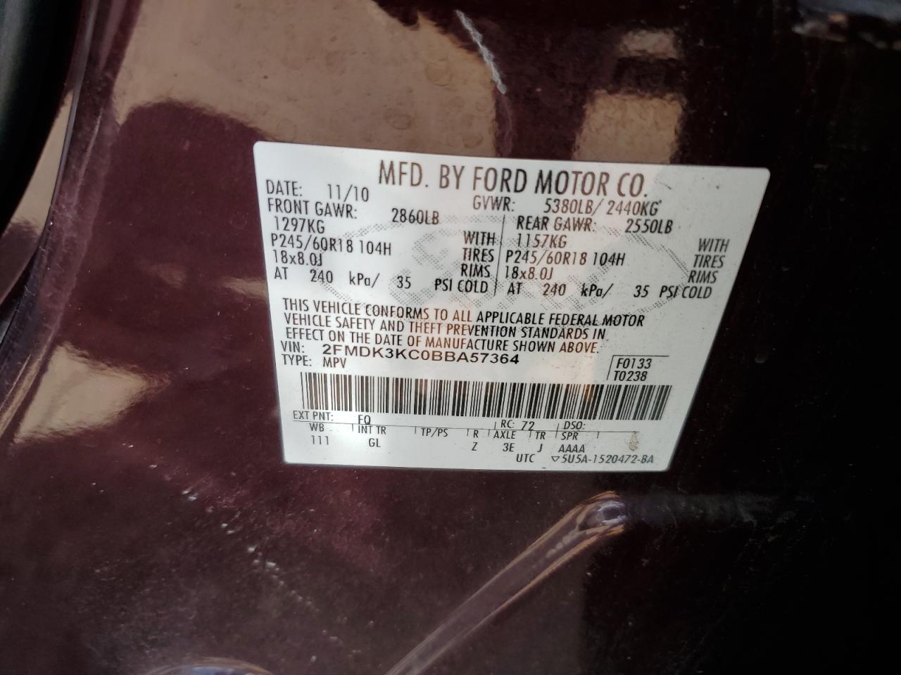 2011 Ford Edge VIN 2FMDK3KC0BBA57364 Copart auction photo, front end damage thumbnail 13