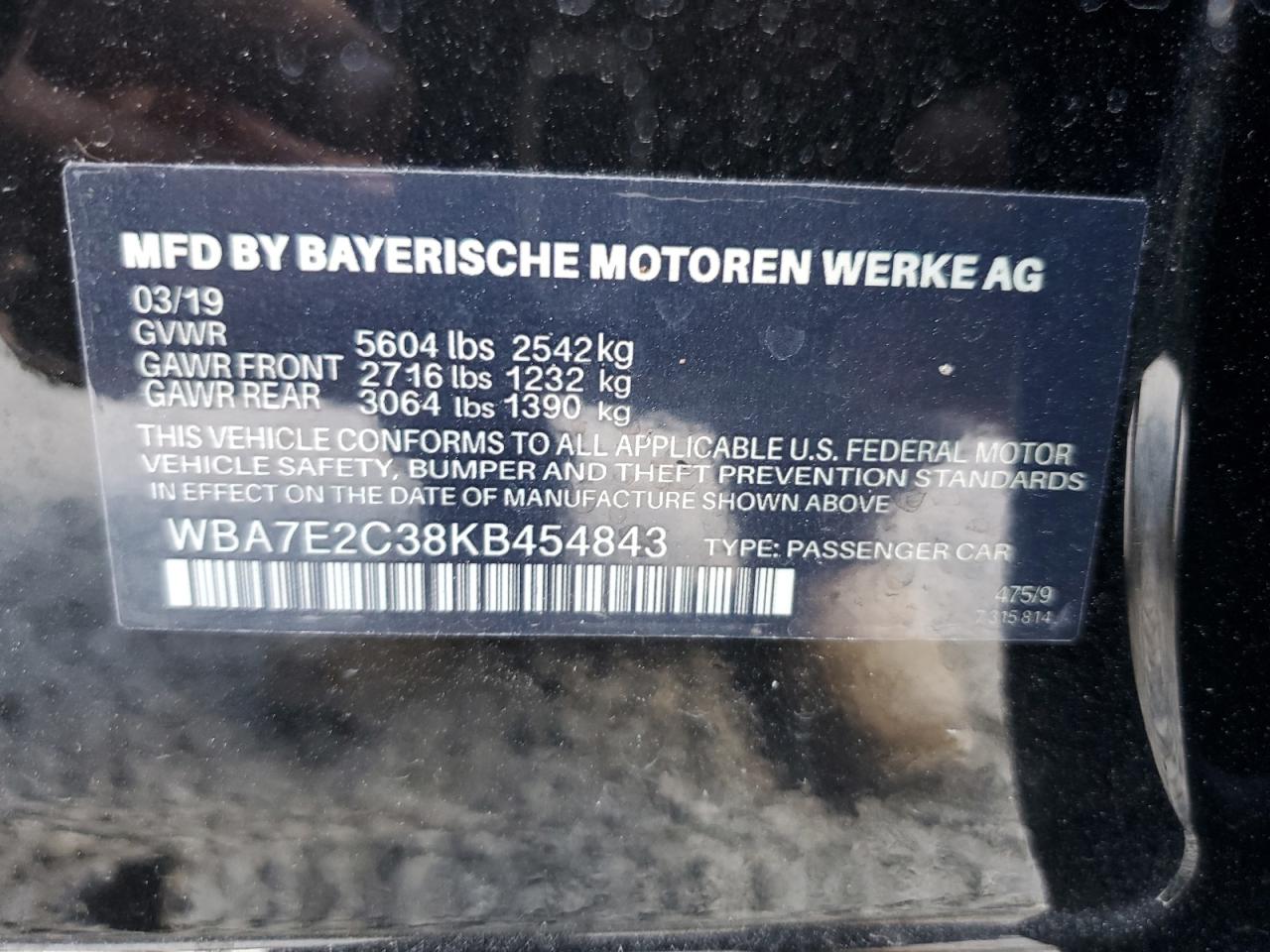 2019 BMW 7er VIN WBA7E2C38KB454843 Copart auction photo, front end / rear end damage thumbnail 12