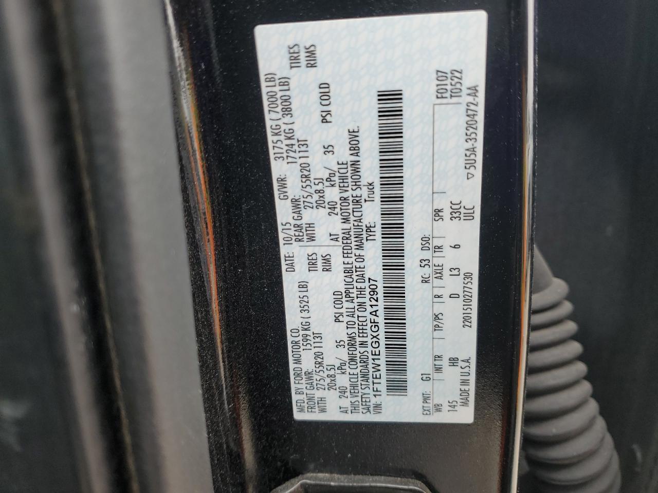 2016 Ford F-150 VIN 1FTEW1EGXGFA12907 Copart auction photo, side damage thumbnail 14