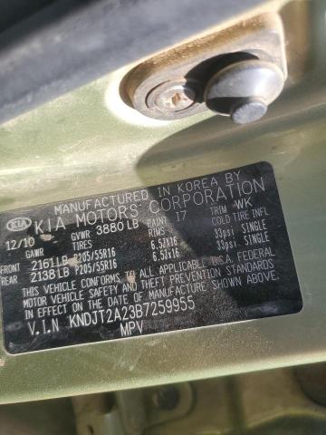2011 KIA Soul VIN KNDJT2A23B7259955 Copart auction photo, front end / side damage thumbnail 12