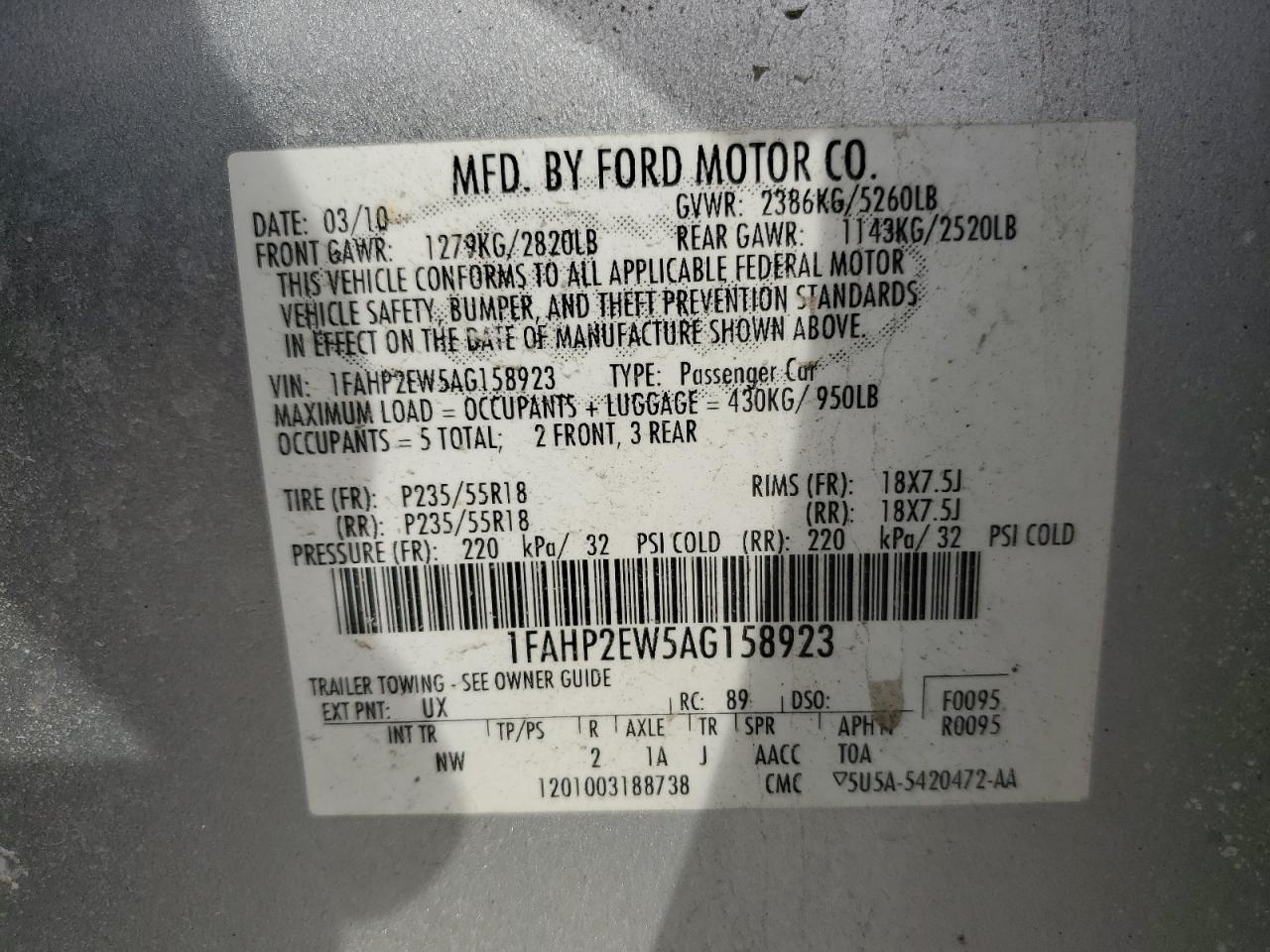 2010 Ford Taurus VIN 1FAHP2EW5AG158923 Copart auction photo, front end damage thumbnail 12